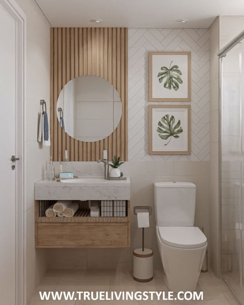 A textured Minimalist Bathroom featuring a warm wooden panel accent wall and sleek floating vanity drawers.