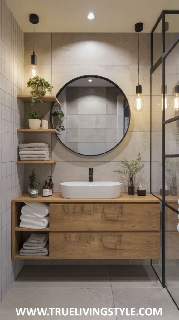 An edgy Minimalist Bathroom with exposed bulb pendant lights and a natural wooden vanity with open shelving, offering an industrial aesthetic.