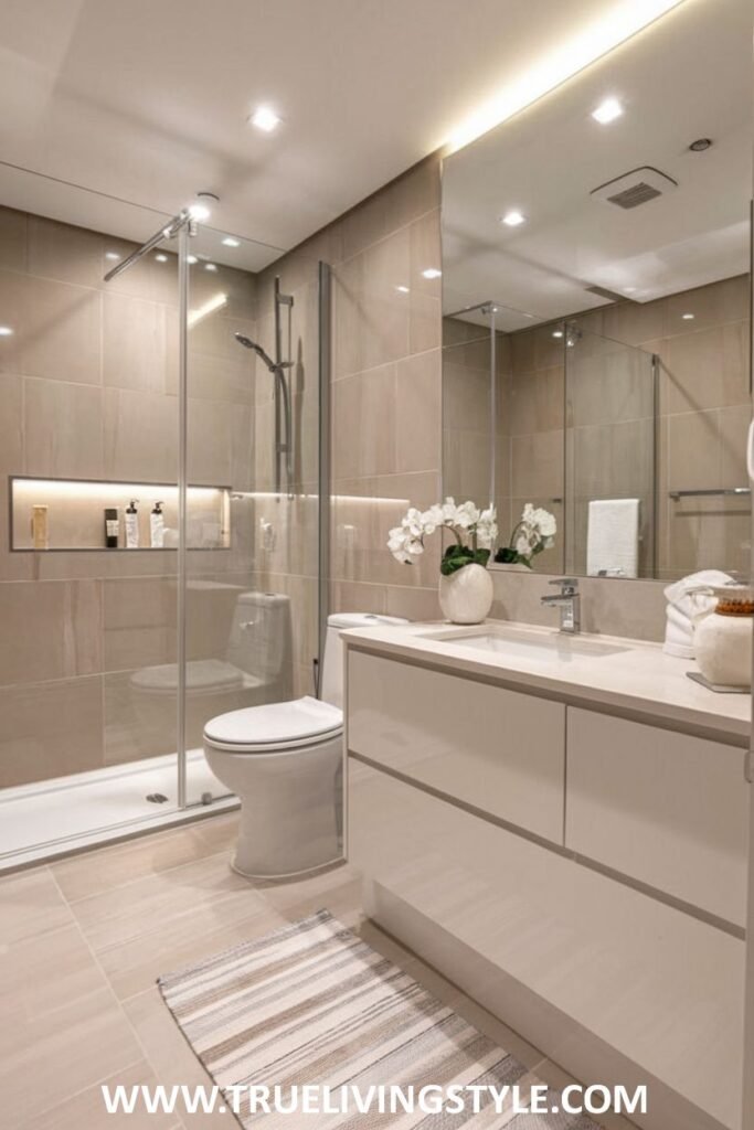 A visually expanded Minimalist Bathroom utilizing a large mirror above a modern vanity with clean, handleless drawers.