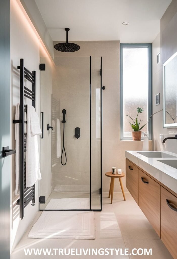 A shared Minimalist Bathroom with a functional double sink vanity featuring wooden drawers and a modern frameless glass shower.