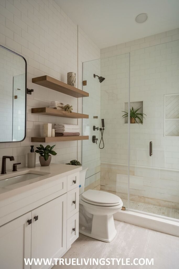 A bright and organized Minimalist Bathroom showcasing white shaker-style cabinetry and an open shower area with a simple glass partition.