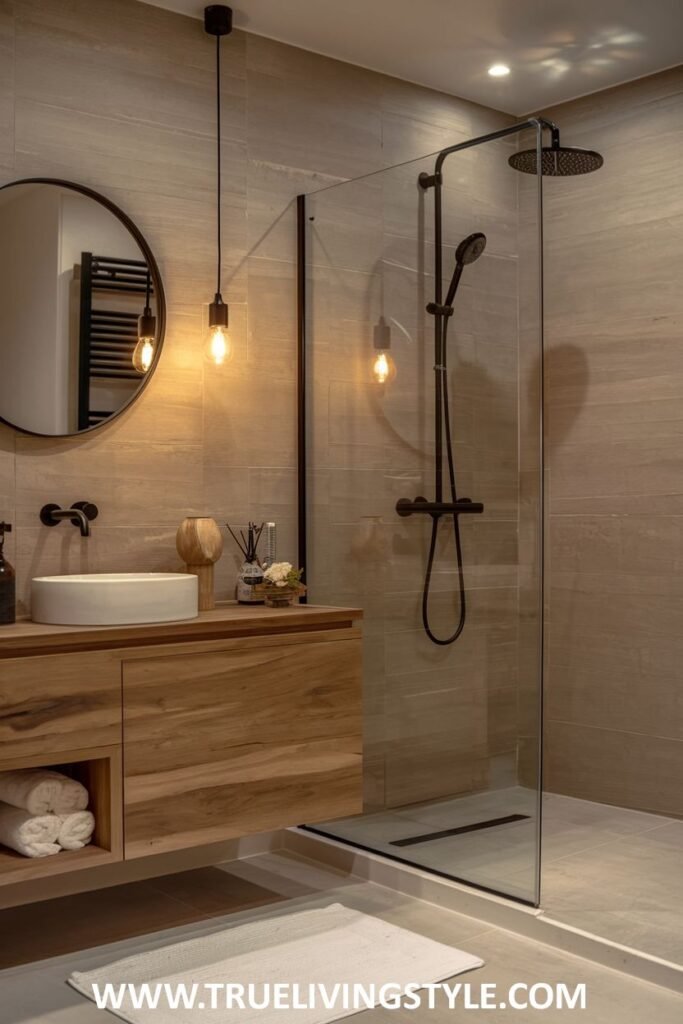 A sleek and modern Minimalist Bathroom featuring a wooden floating vanity with an above-counter sink and simple pendant lighting.