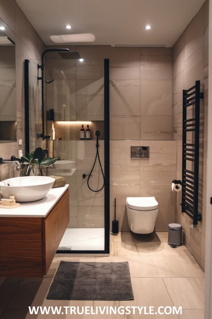 A bright and airy Minimalist Bathroom featuring a wooden vanity with a white above-counter sink and a frameless glass shower enclosure.