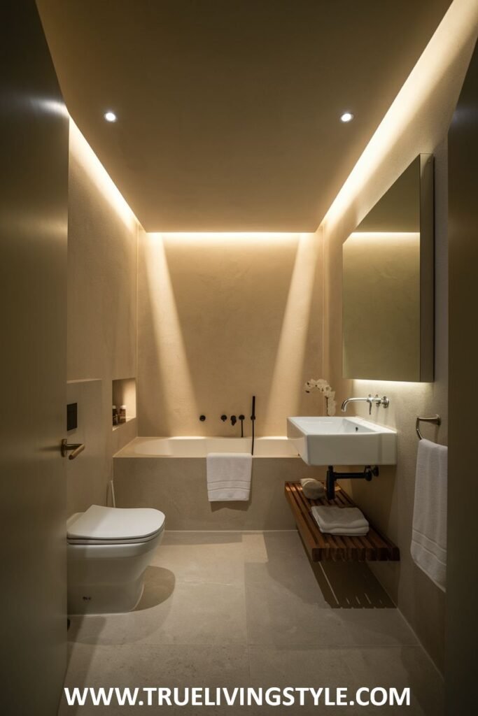 An uncluttered Minimalist Bathroom showcasing a built-in bathtub niche and a wall-mounted faucet over a white sink.