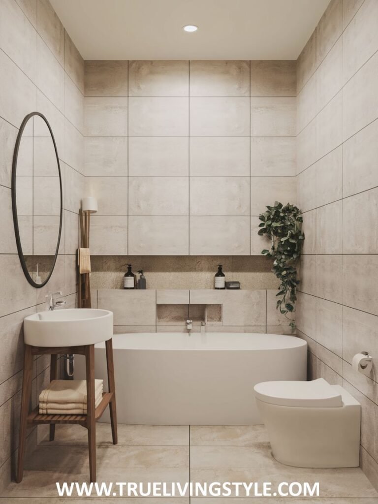 A bright and simple Minimalist Bathroom with a white freestanding bathtub and warm wooden shelving for storage.