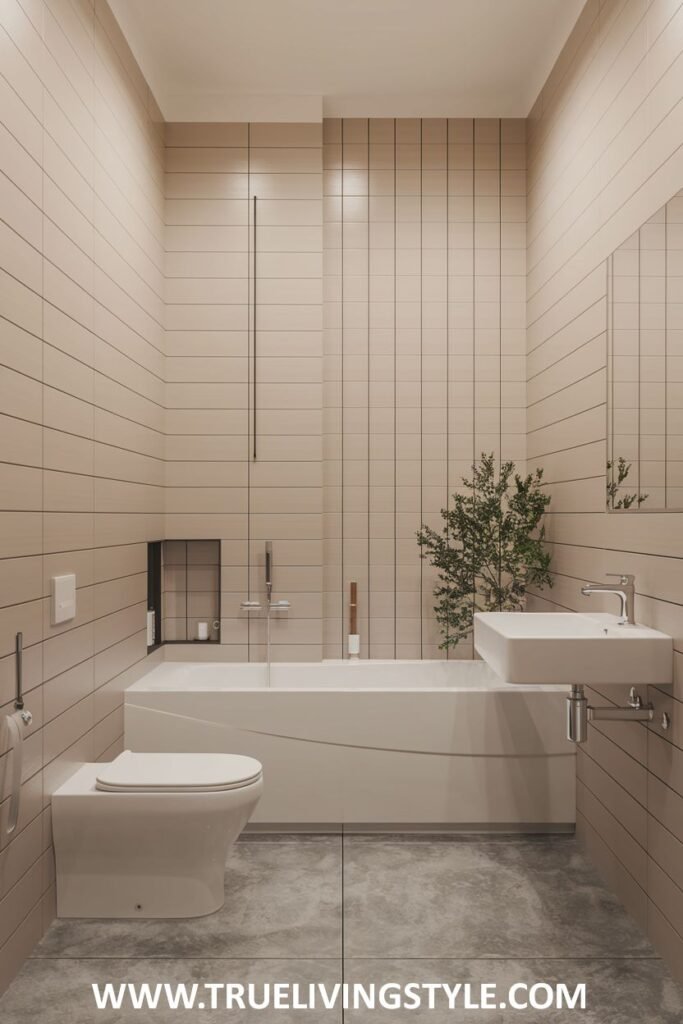 An industrial-inspired Minimalist Bathroom featuring a clean-lined built-in bathtub with a glass partition and a smooth concrete floor.