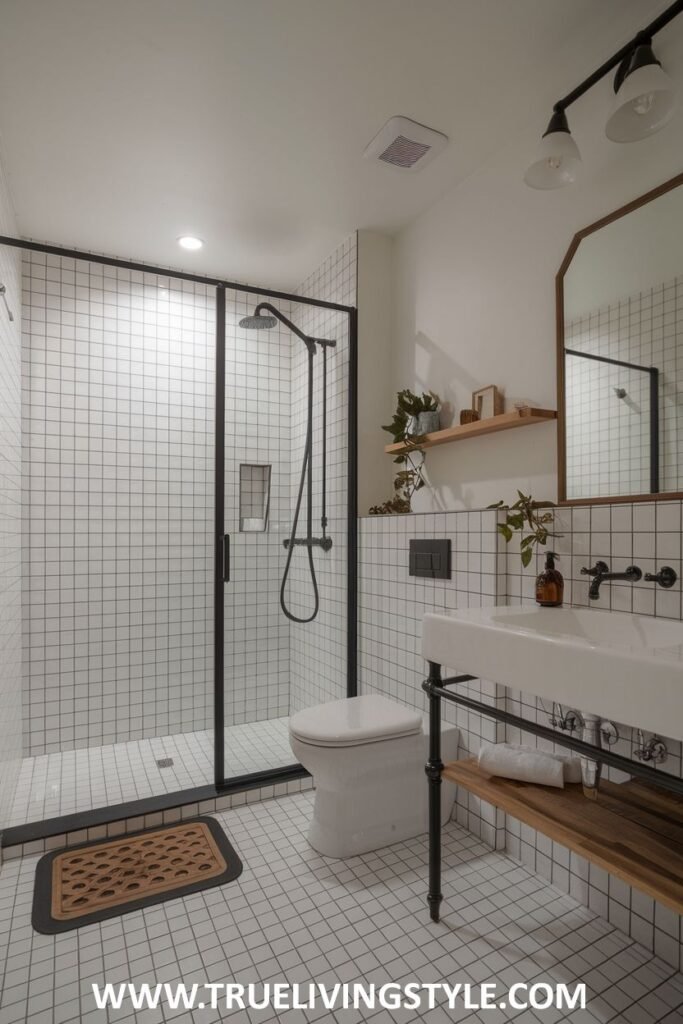 A contemporary Minimalist Bathroom with a striking black-framed glass shower enclosure and open wooden shelving.