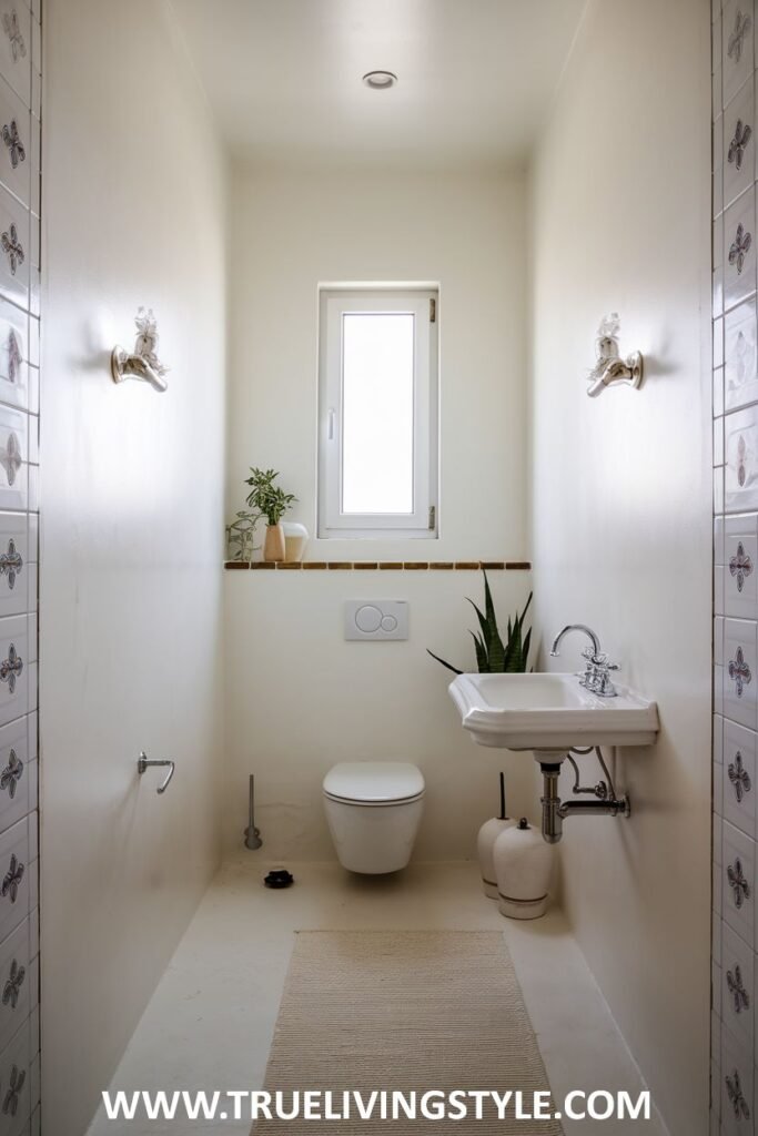 A compact Minimalist Bathroom powder room with a classic white pedestal sink and minimal wall decor.