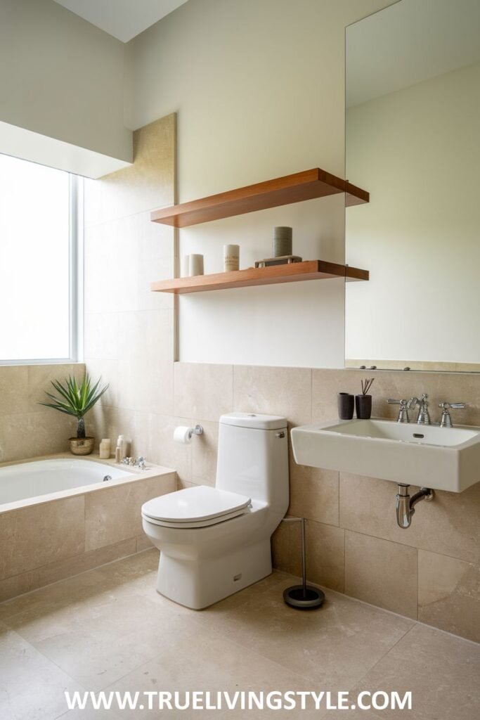 A textured Minimalist Bathroom featuring natural stone tiles and simple wooden floating shelves for storage.