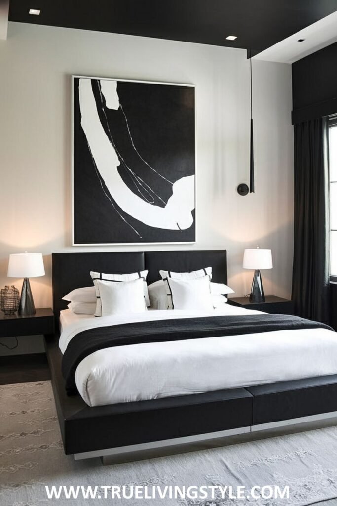 Matching black nightstands and lamps create a cohesive look in a bedroom with black-and-white art.