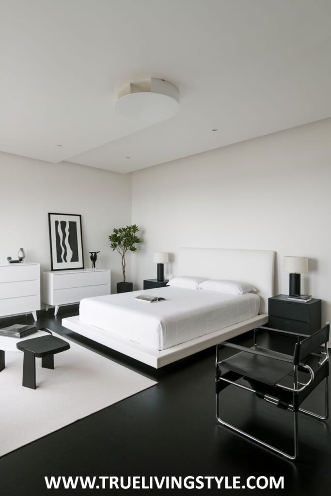 A white floating platform bed is combined with black furniture and minimalist art.