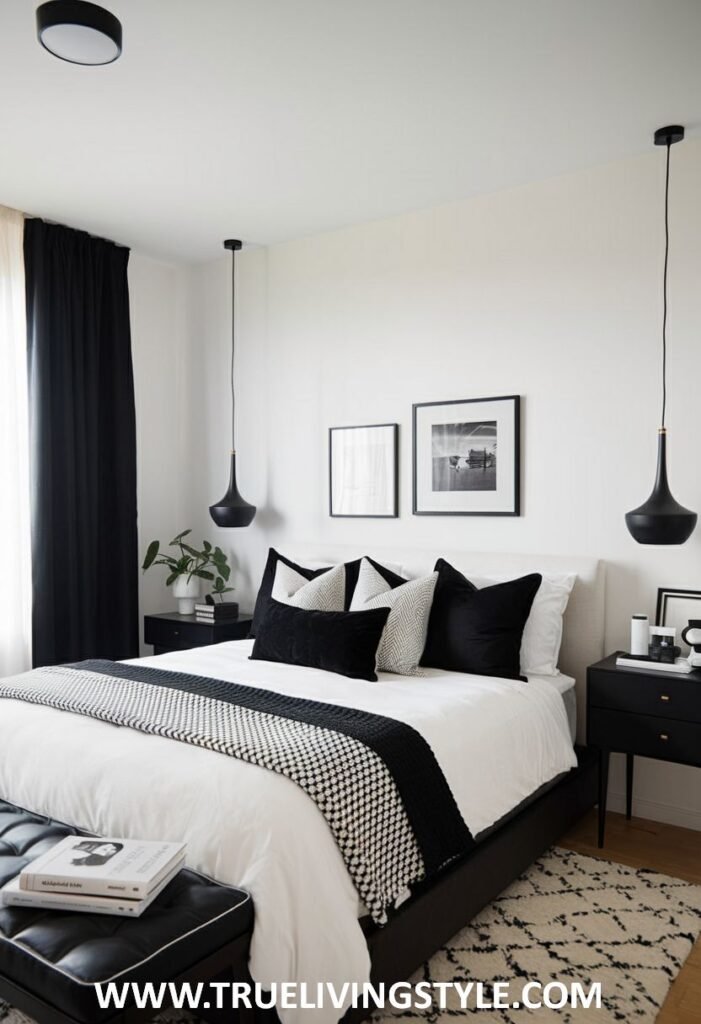 Pendant lights hang on either side of the bed, replacing traditional table lamps.