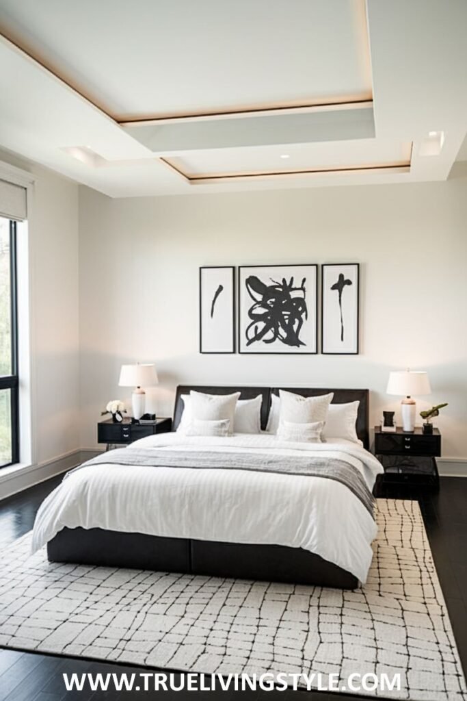 A statement ceiling light adds personality and style to the minimalist bedroom.