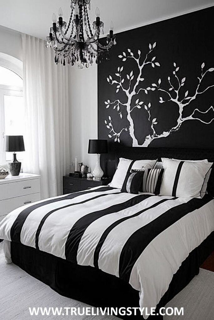 Striped black and white bedding adds visual interest to the room.