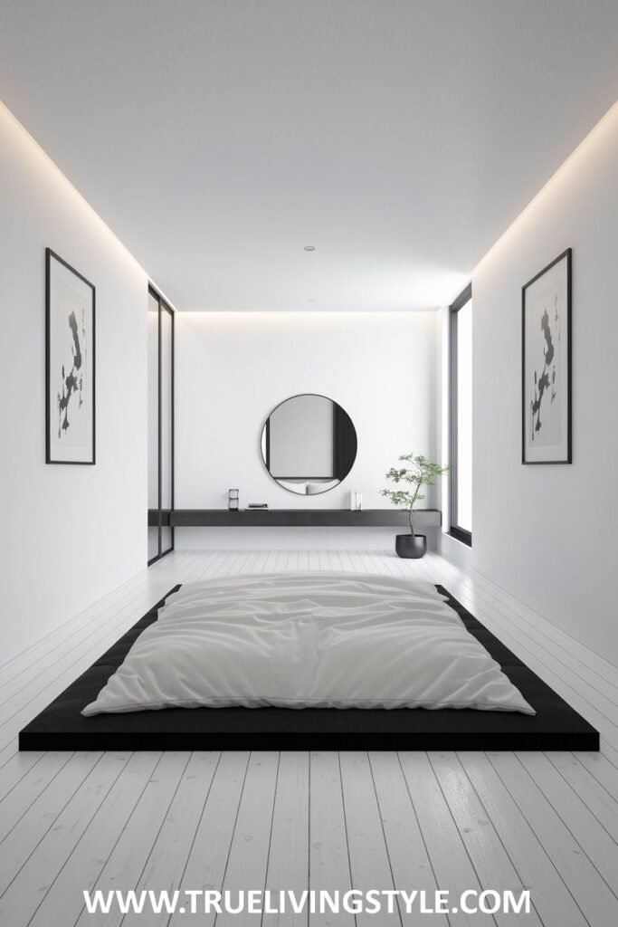 A floor bed creates a minimalist Japanese-inspired bedroom.