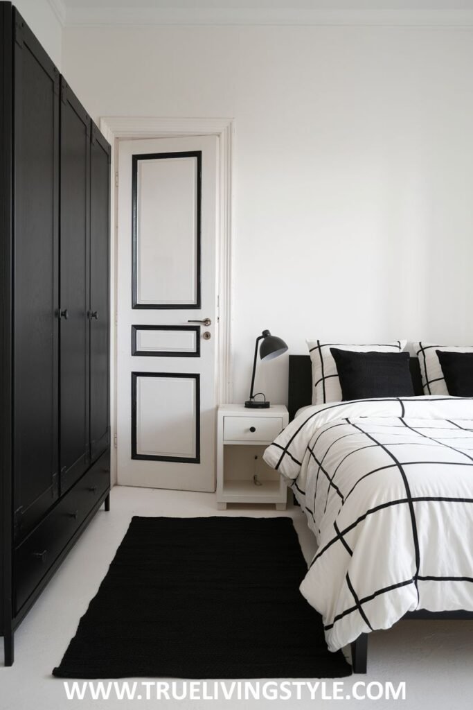 A black wardrobe contrasts with a white door with black trim.