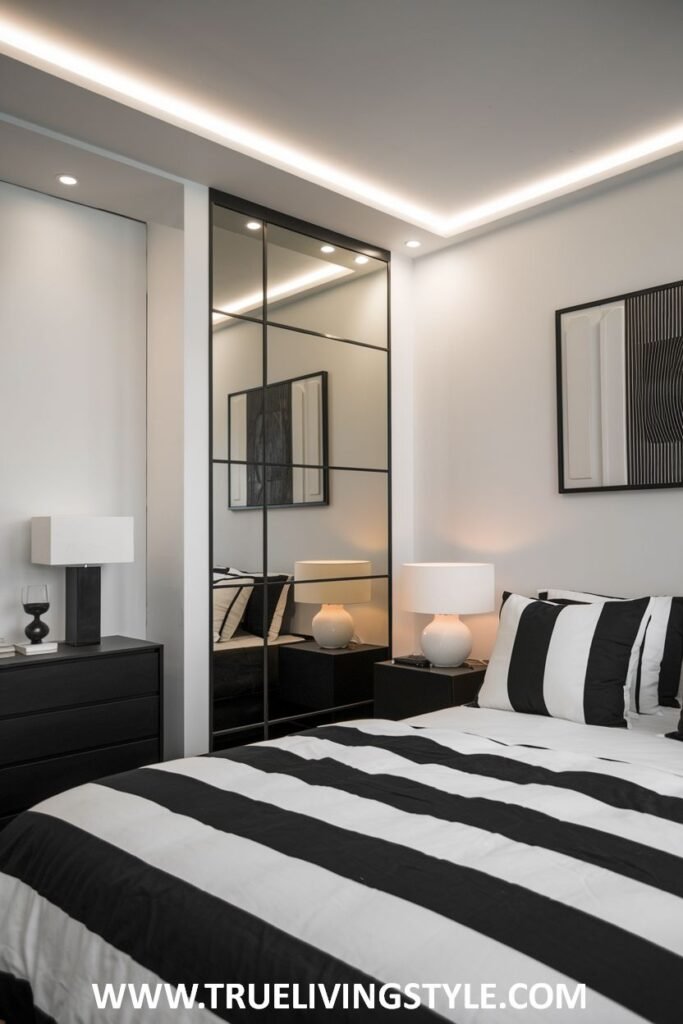 Mirrored closet doors with black frames visually expand the minimalist bedroom.