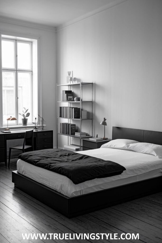 A black platform bed is coordinated with a black desk and shelving unit.