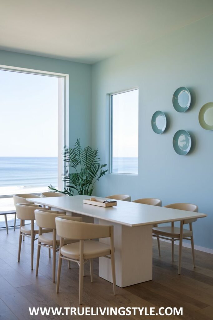 A bright and airy minimalist dining room with a white table, light wooden chairs, large windows showing an ocean view, and pale blue walls.