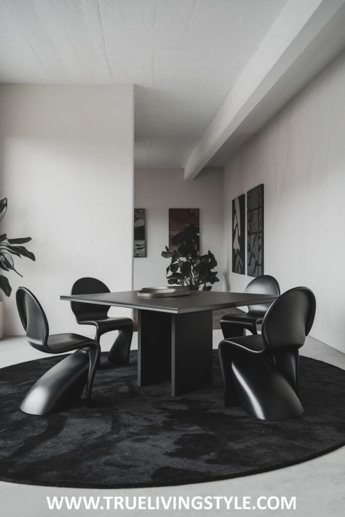 A modern black and white minimalist dining room with a dark simple table and unique black sculptural chairs on a black rug.