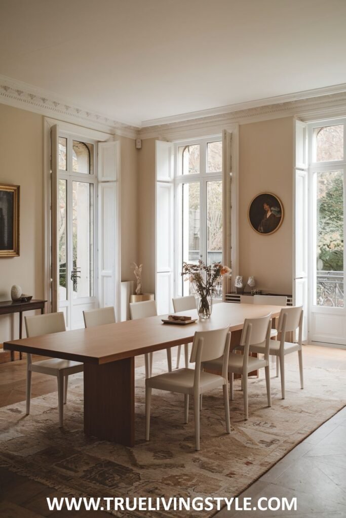 An elegant natural minimalist dining space with a light wood table, white chairs, large windows with sheer curtains, and a delicate floral arrangement.