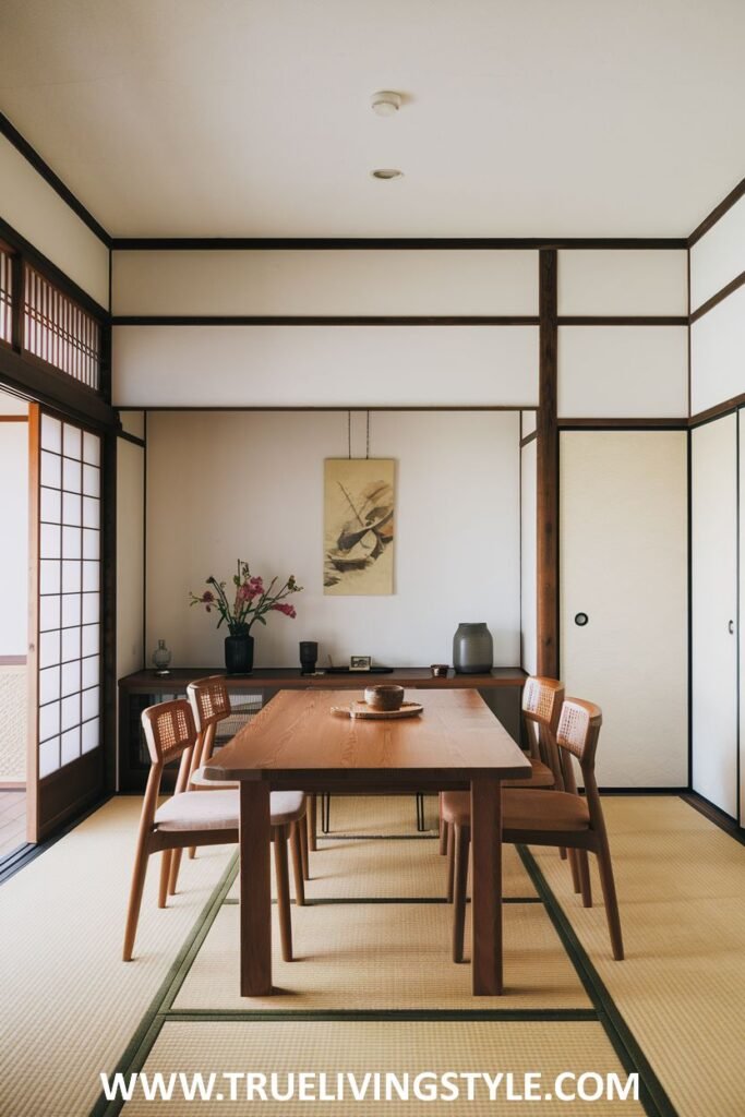 A Japanese inspired minimalist dining area with a low wooden table, chairs with woven details, and minimal wall decor in a serene setting.