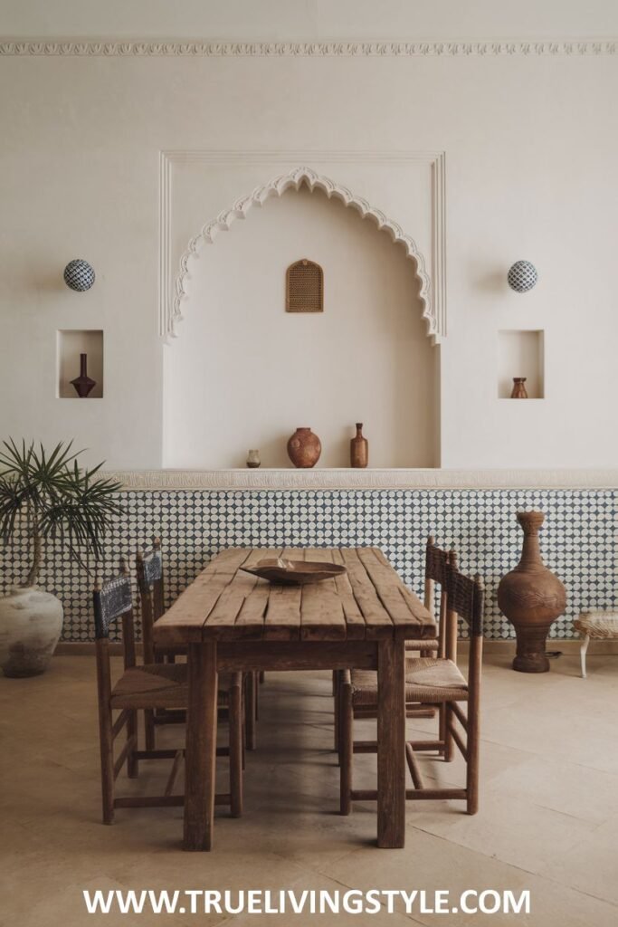 A rustic charm minimalist dining space with a solid wood table, simple wooden chairs with woven seats, and earthy tones.