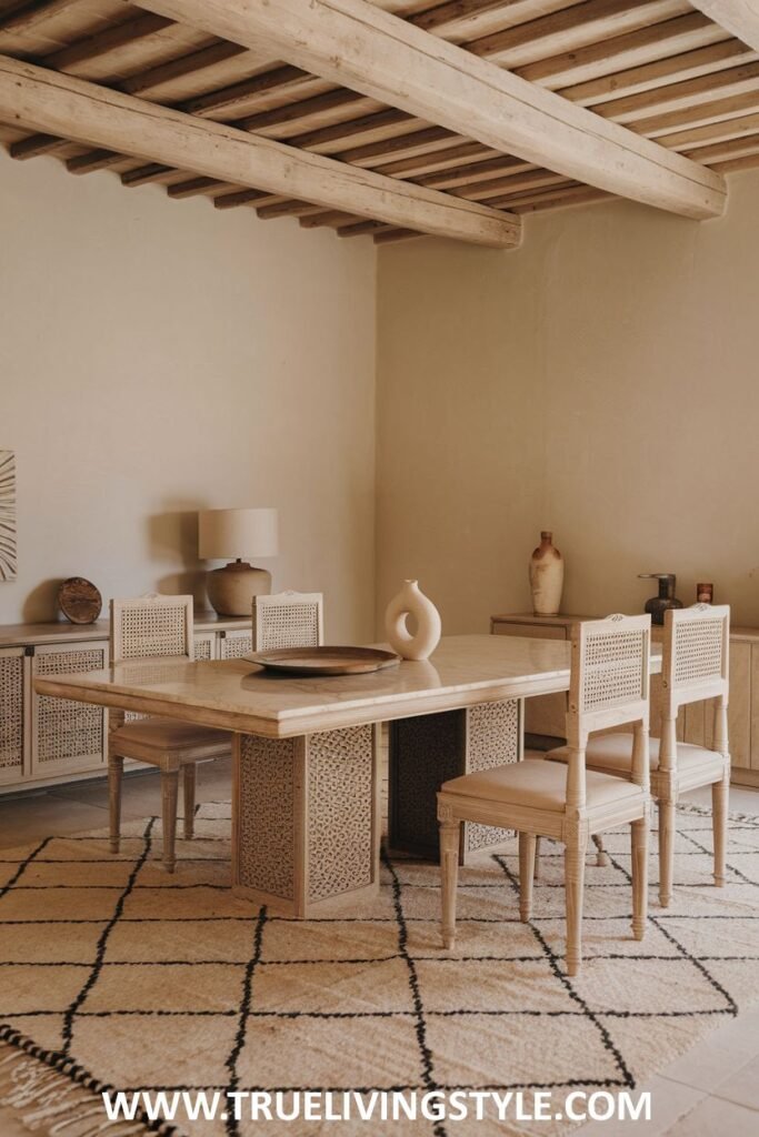 A textured layers minimalist dining room with a light-colored table, cane-back chairs with light cushions, and a patterned rug.