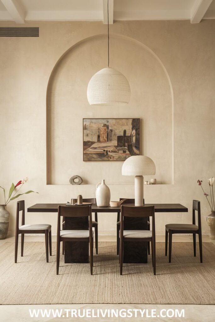 An arched detail minimalist dining area with a simple dark wood table, chairs with neutral upholstery, and an arched architectural feature.