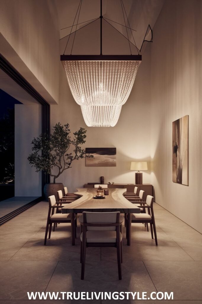A statement lighting minimalist dining room with a dramatic crystal chandelier, a simple light wood table, and neutral-toned chairs.