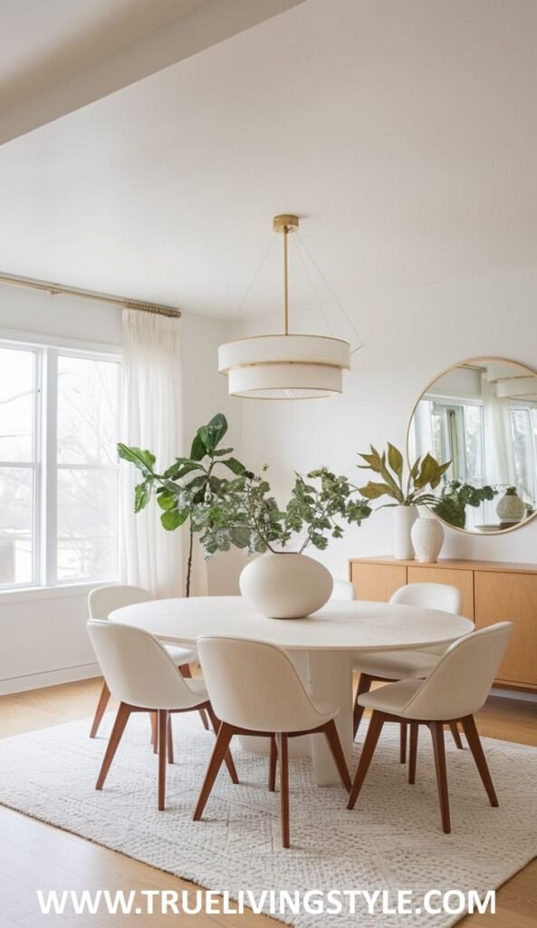 A round table minimalist dining nook with a round white table, comfortable light-colored upholstered chairs, and minimal decor.