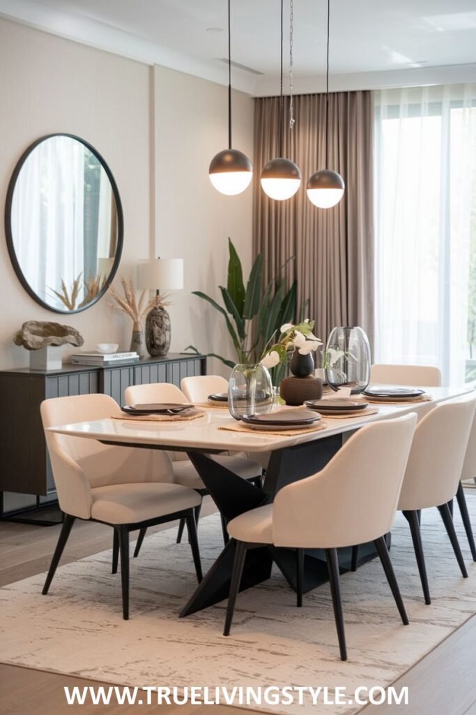 A sleek modern minimalist dining room with a table featuring a unique base, sleek upholstered chairs, and a neutral palette with black accents.