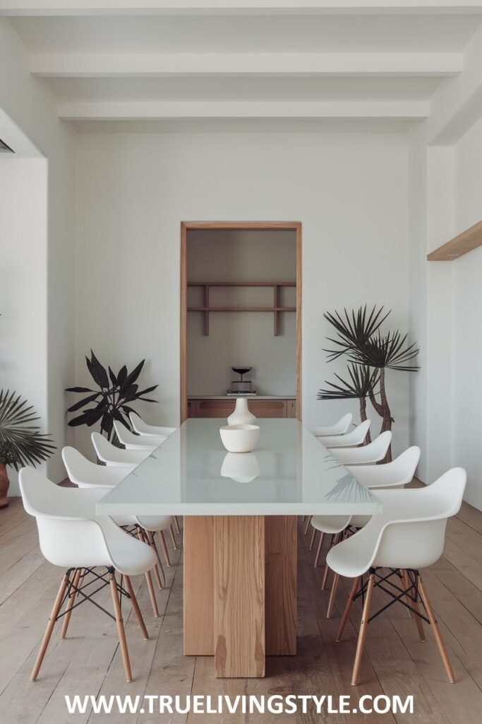 A bright minimalist dining space with a clear glass tabletop, light wooden base, white modern chairs, and minimal decor in a white room.