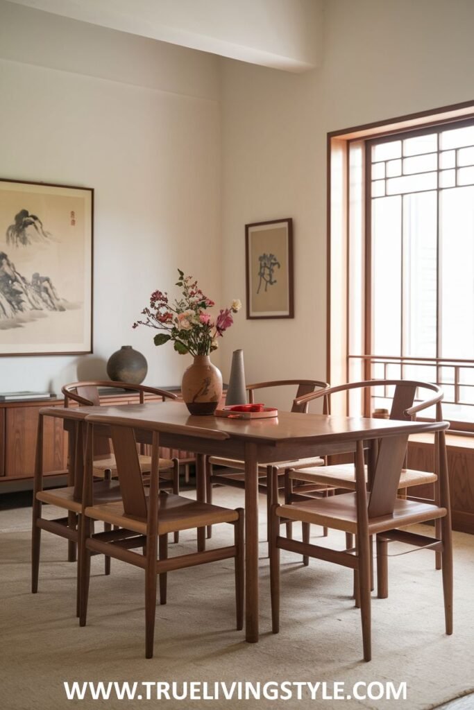 A traditional wood minimalist dining room with a rectangular wooden table, traditional wooden chairs, and understated decor.