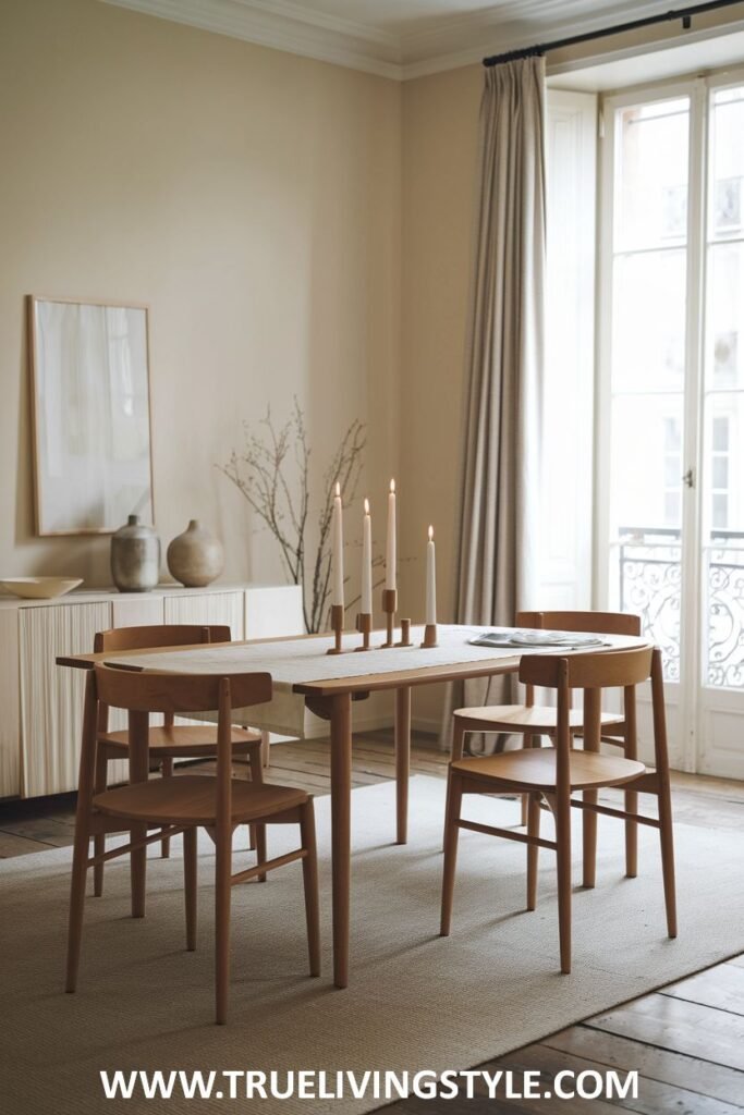 A softly lit minimalist dining room with a light wood table, simple wooden chairs, candles on the table, and soft lighting.