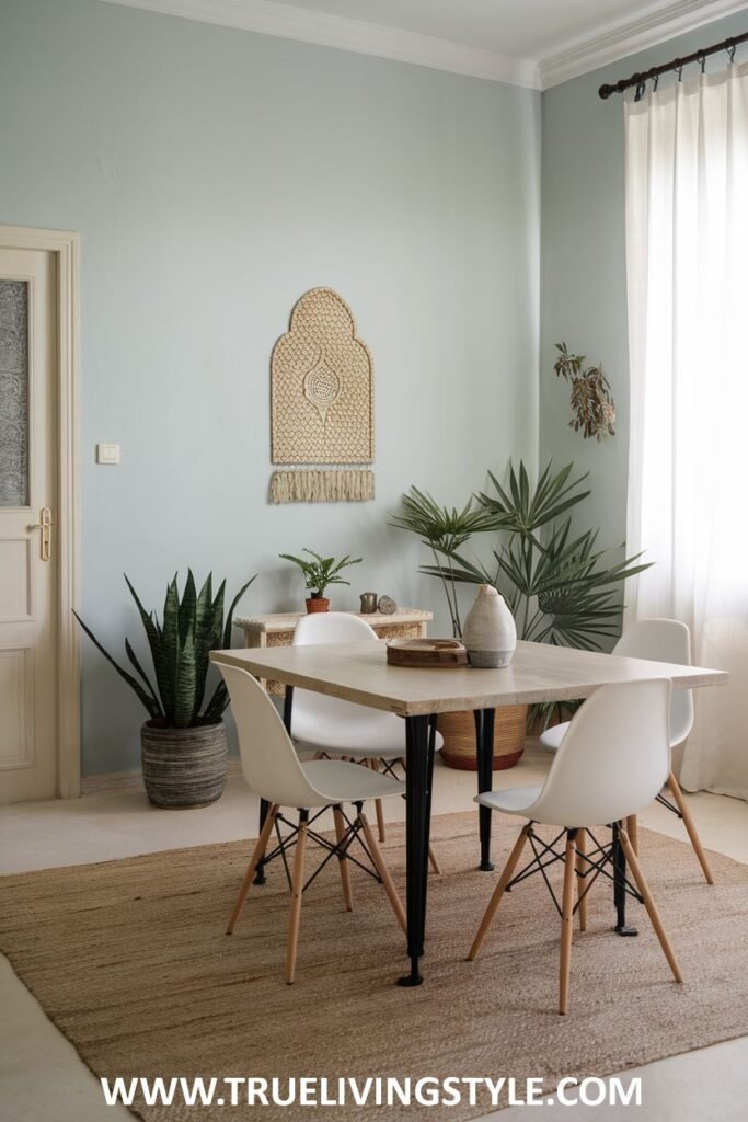 A casual light minimalist dining area with a simple light table, mismatched light chairs, and a natural fiber rug.