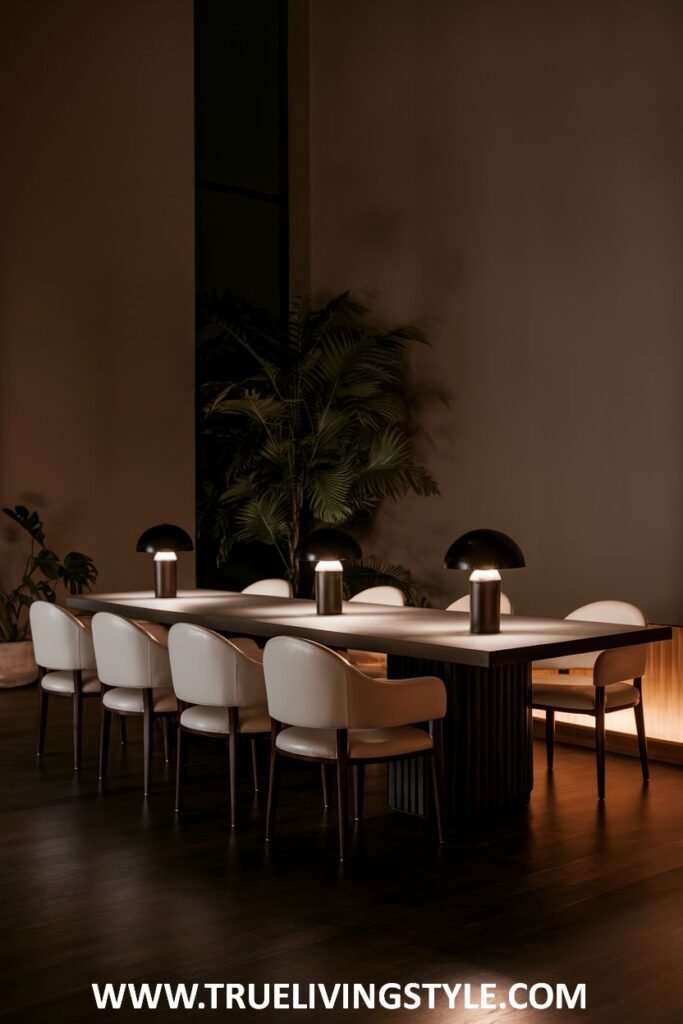An intimate lit minimalist dining space with a long table, comfortable upholstered chairs, and focused table lamps.
