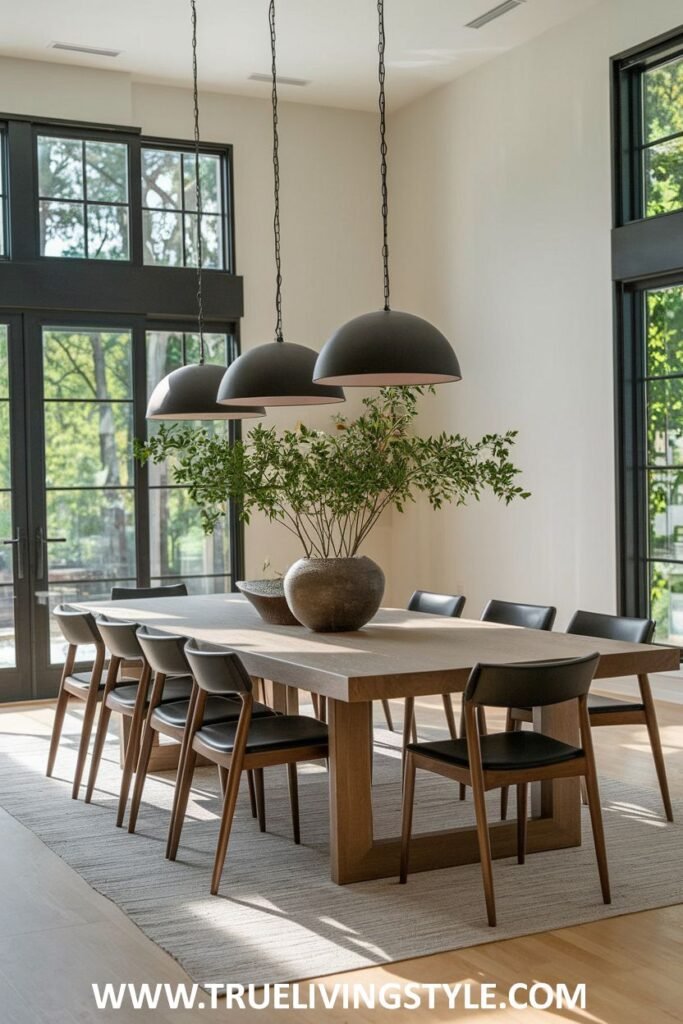 An airy wood and black minimalist dining room with a natural wood table, black chairs, and black pendant lights.