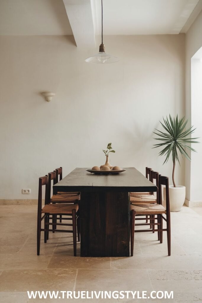 A pared-down natural minimalist dining experience with a simple dark wood table, basic wooden chairs with woven seats, and exceptionally minimal decor.