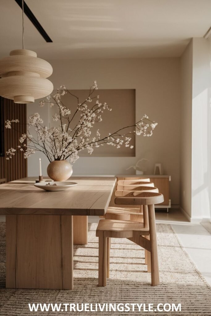 A sculptural wood minimalist dining set featuring a light wood table and uniquely designed matching chairs.