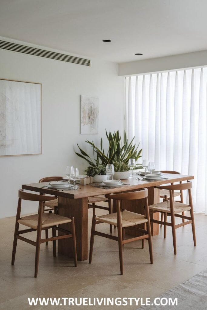 An earthy minimalist dining area featuring a sturdy wooden table, wooden chairs with woven seats, and simple neutral tableware.