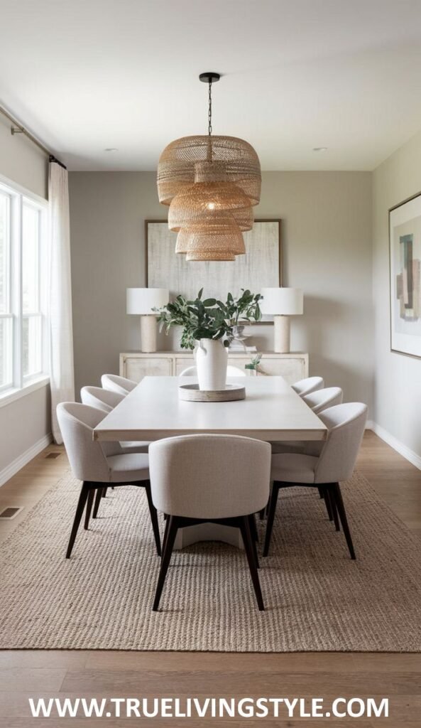 A layered lighting minimalist dining room with a simple white table, light upholstered chairs, a statement pendant light, and subtle accent lighting.