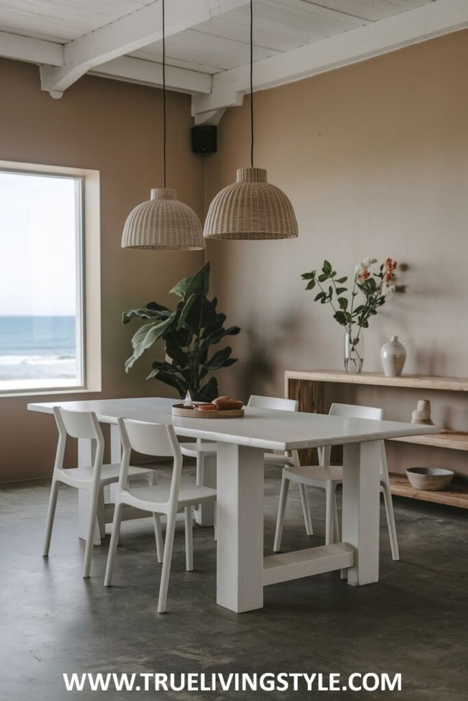A natural light minimalist dining nook with a simple white table, white chairs, woven pendant lights, and a view of the ocean.