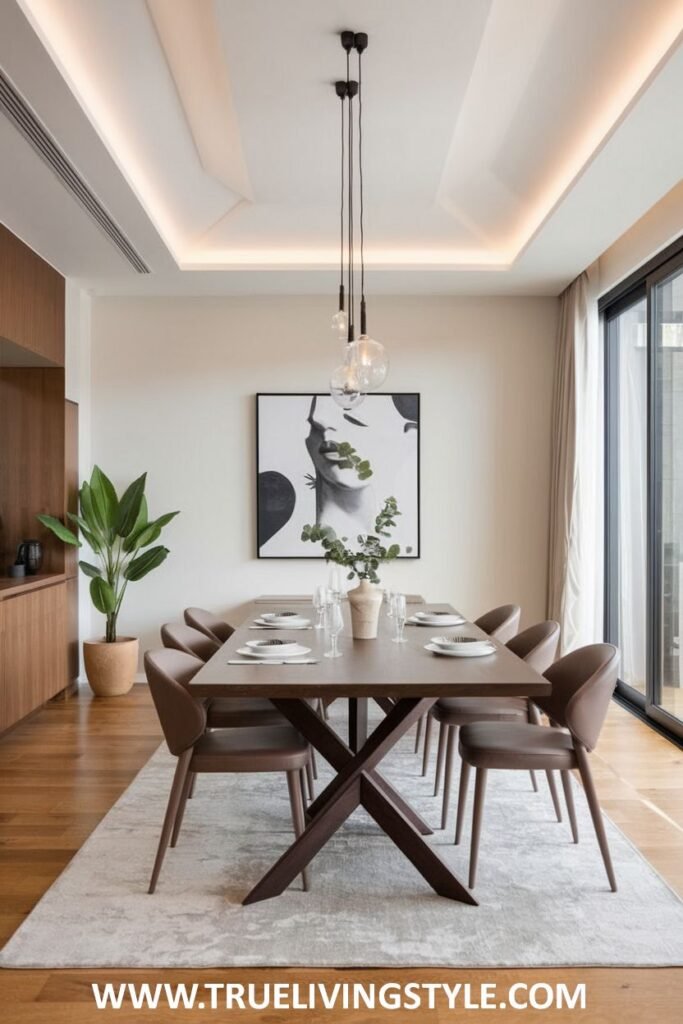 A sculptural minimalist dining arrangement with a dark wood table with a unique base, upholstered chairs, and a statement artwork.