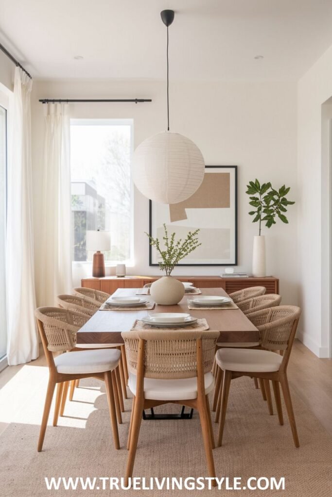 A minimalist dining setting with a wooden table, chairs with woven backs and seats, and a neutral rug, emphasizing woven textures.