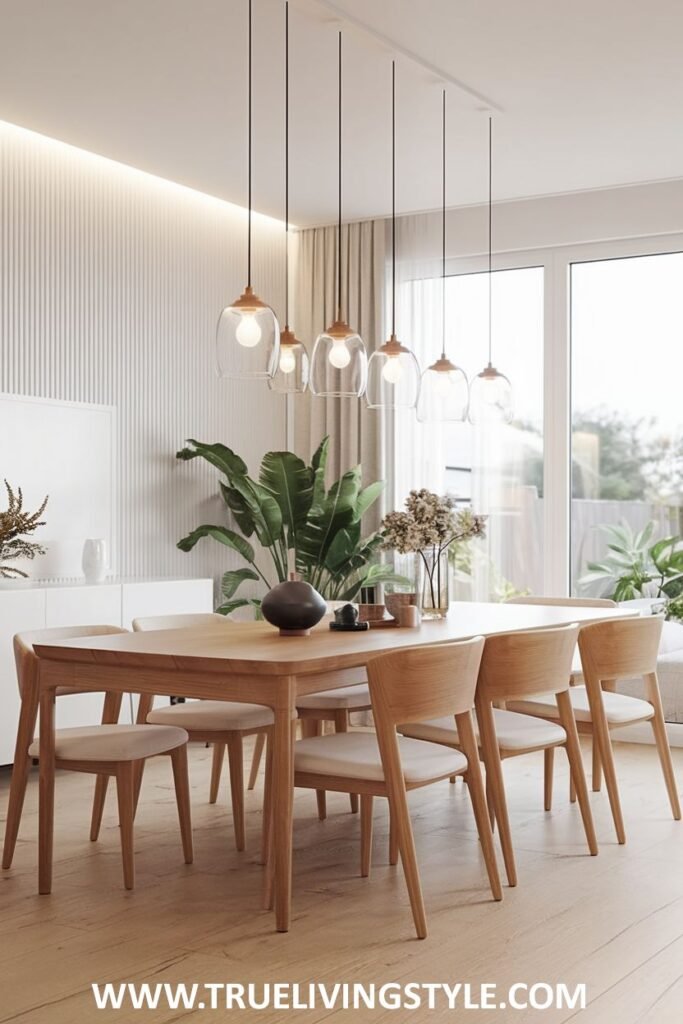 A light wood minimalist dining ensemble with a simple light wood table, matching chairs with light cushions, and clear glass pendant lights.