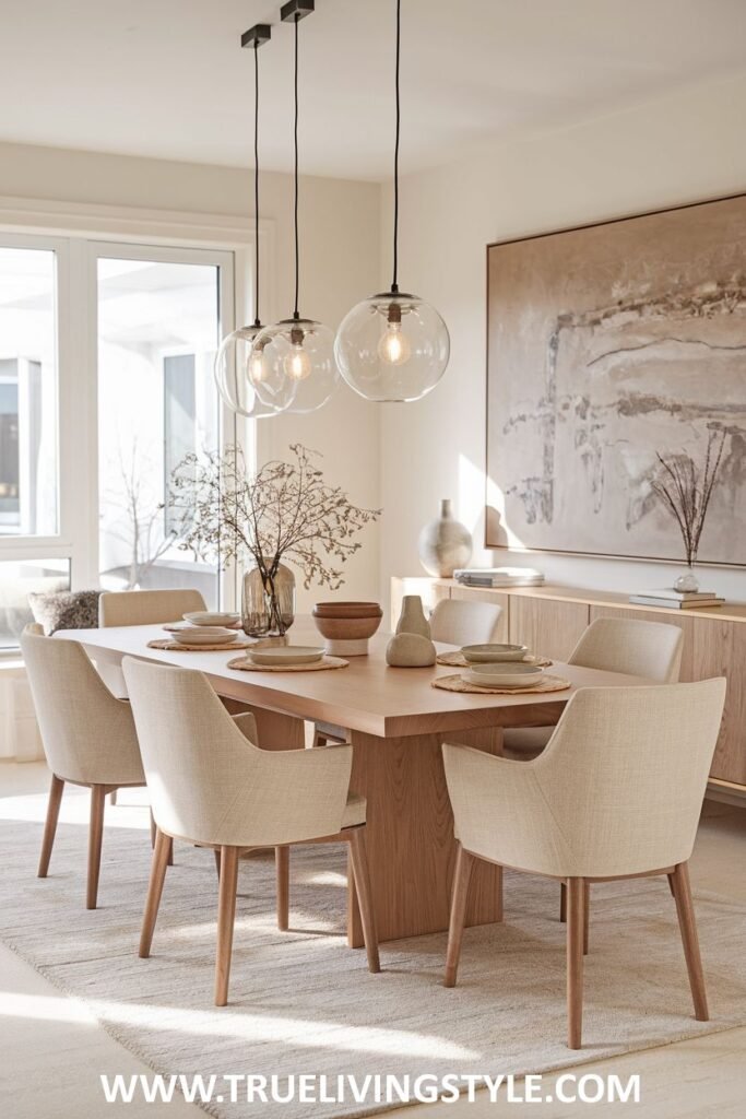 A soft neutral minimalist dining room with a light wood table, comfortable upholstered chairs in beige, and subtle textures.