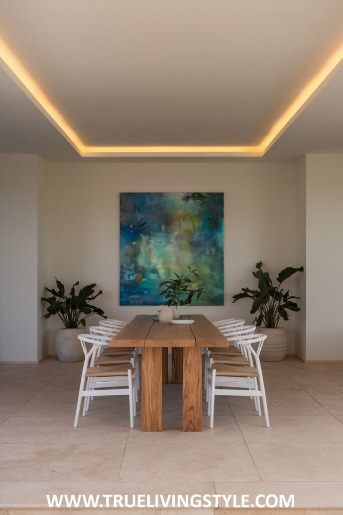 A minimalist dining area with a simple wooden table, white chairs with woven seats, potted plants, and a large, colorful painting on the wall.
