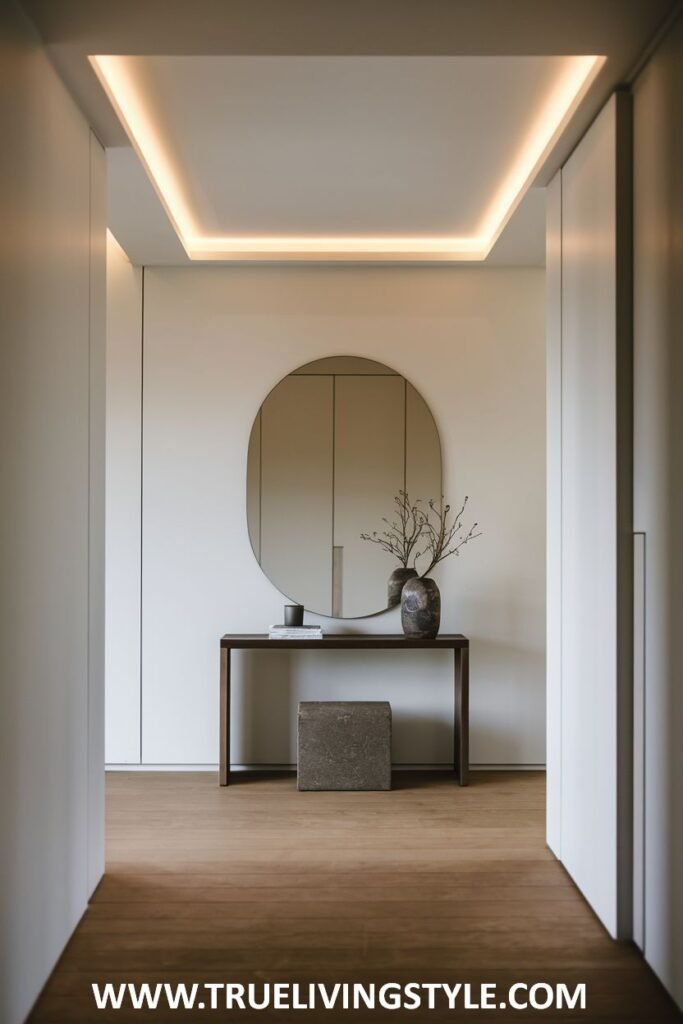 A modern hallway with a round mirror above a console table and a stone stool underneath.