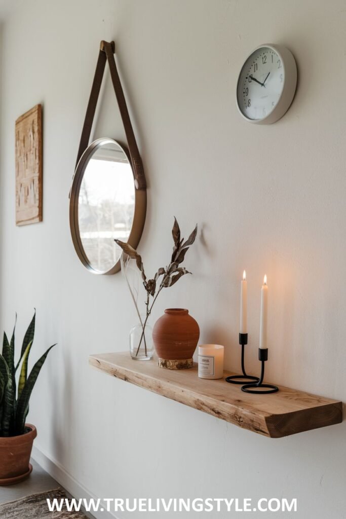 A minimalist wall shelf decorated with candles and a vase, with a round mirror and a potted plant nearby.